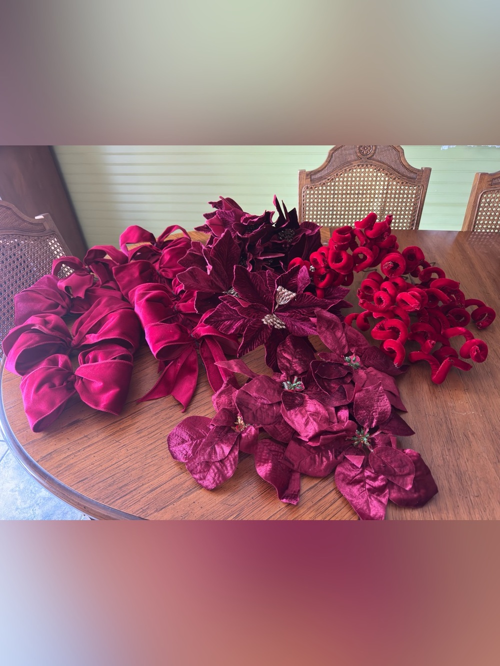 Velvet Burgundy Holiday Floral Arrangement - Deep Red Poinsettias & Bows